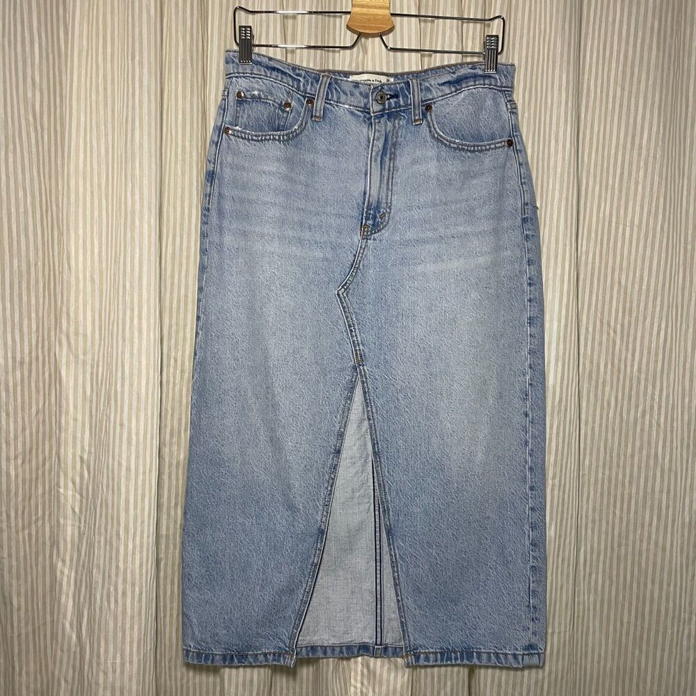 Abercrombie & Fitch High Rise Denim Midi Skirt Front Slit Light Wash Sz 29/8